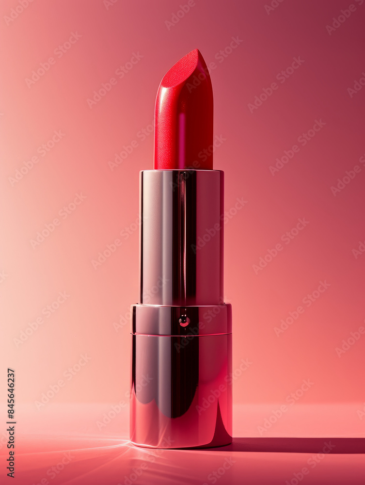 Red lipstick on a reflective surface with a gradient background. Red lipstick on a reflective surface with a gradient background.