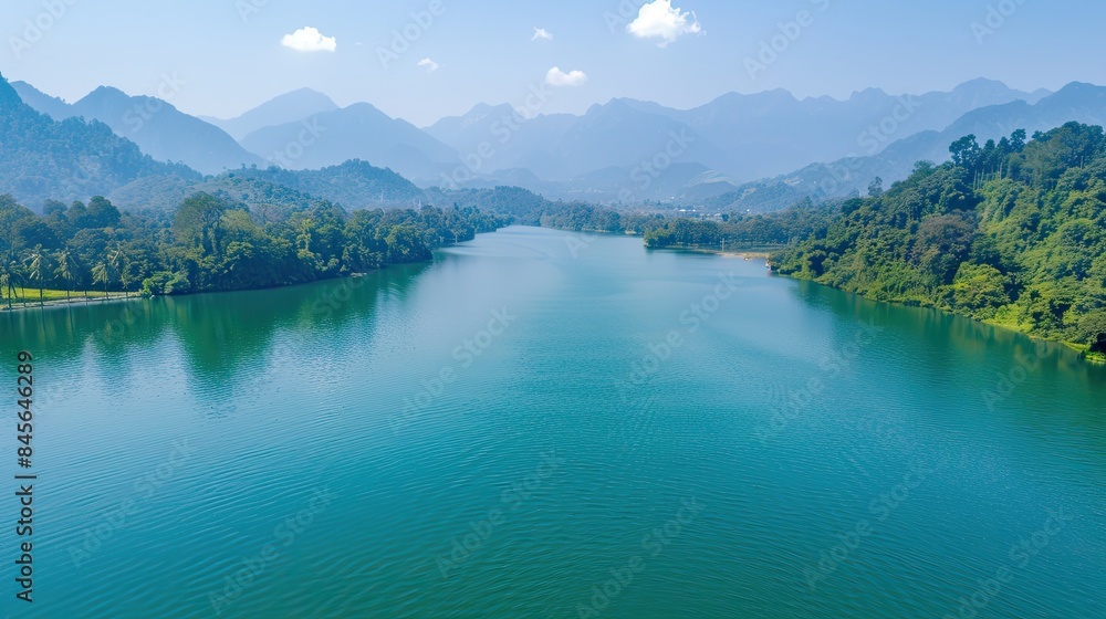 an aerial view showcasing a flowing river amidst lush tropical rainforest, flanked by verdant green mountains under a vast sky, presenting a serene landscape panorama. an aerial view showcasing a flowing river amidst lush tropical rainforest, flanked by verdant green mountains under a vast sky, presenting a serene landscape panorama.