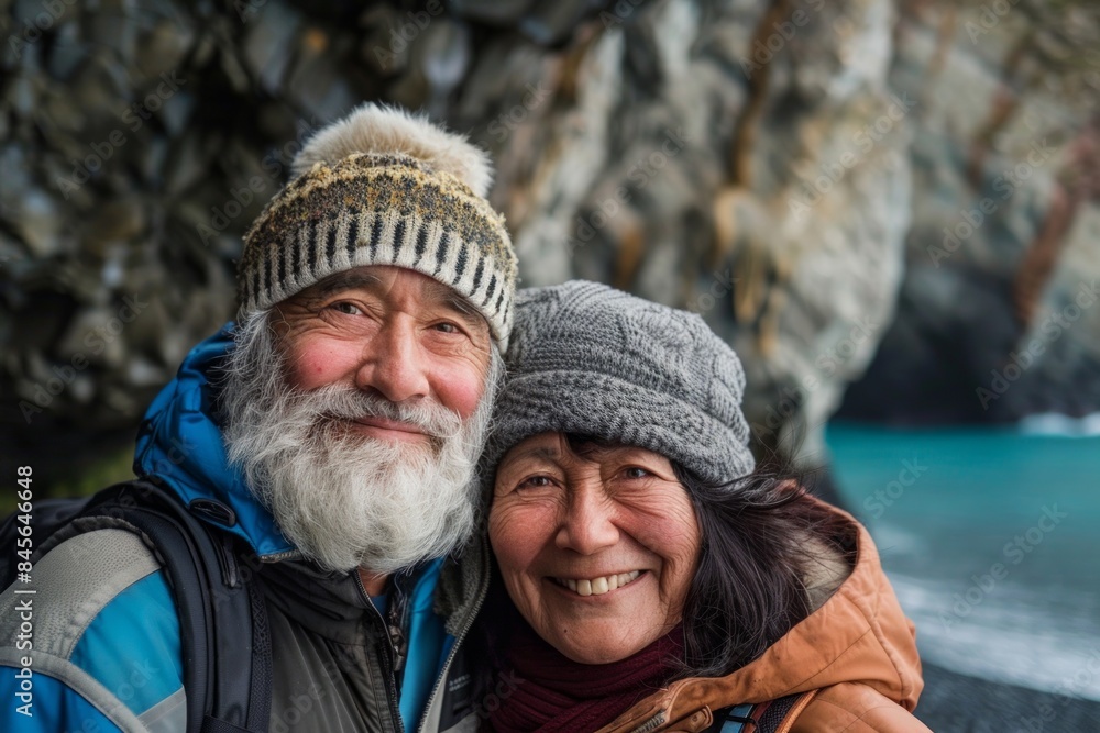 Portrait of a content multicultural couple in their 60s dressed in a warm ski hat isolated on spectacular sea cave background Portrait of a content multicultural couple in their 60s dressed in a warm ski hat isolated on spectacular sea cave background