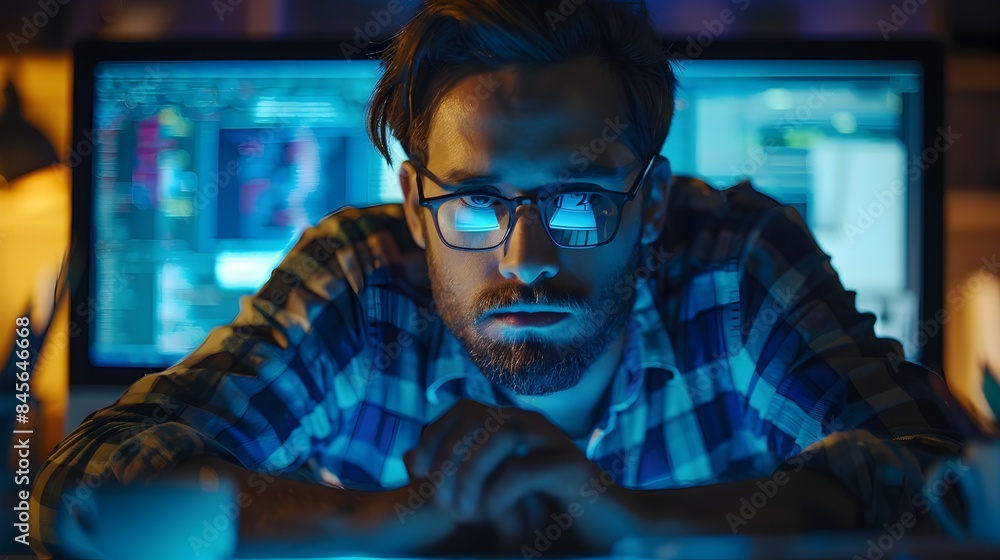 Fatigued Software Developer Debugging Code Under Blue Glow of Monitors Fatigued Software Developer Debugging Code Under Blue Glow of Monitors