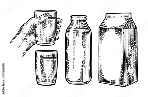 Milk box carton package, glass and bottle. Vector engraving vintage black illustration. Isolated on white background.