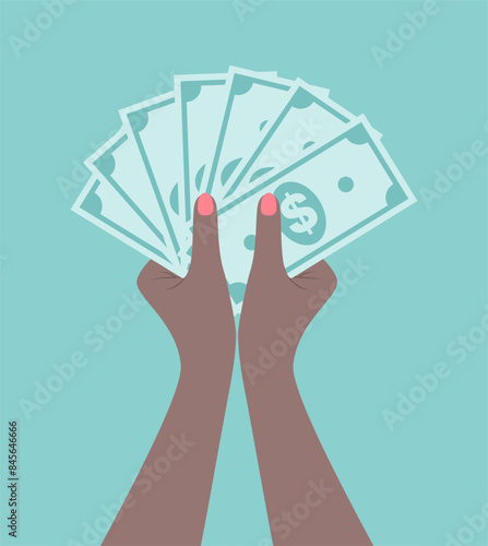 Hands of a black woman holding stack of dollar banknotes. Flat vector illustration