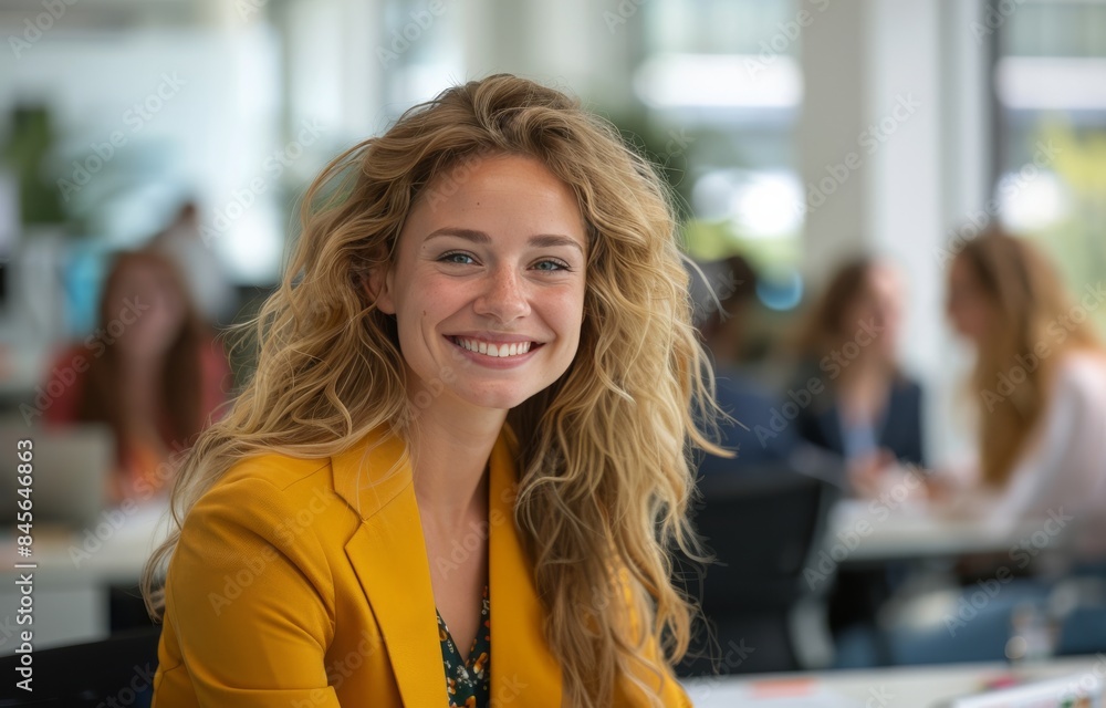 Smiling Woman in Yellow Blazer Working at Office Desk Smiling Woman in Yellow Blazer Working at Office Desk
