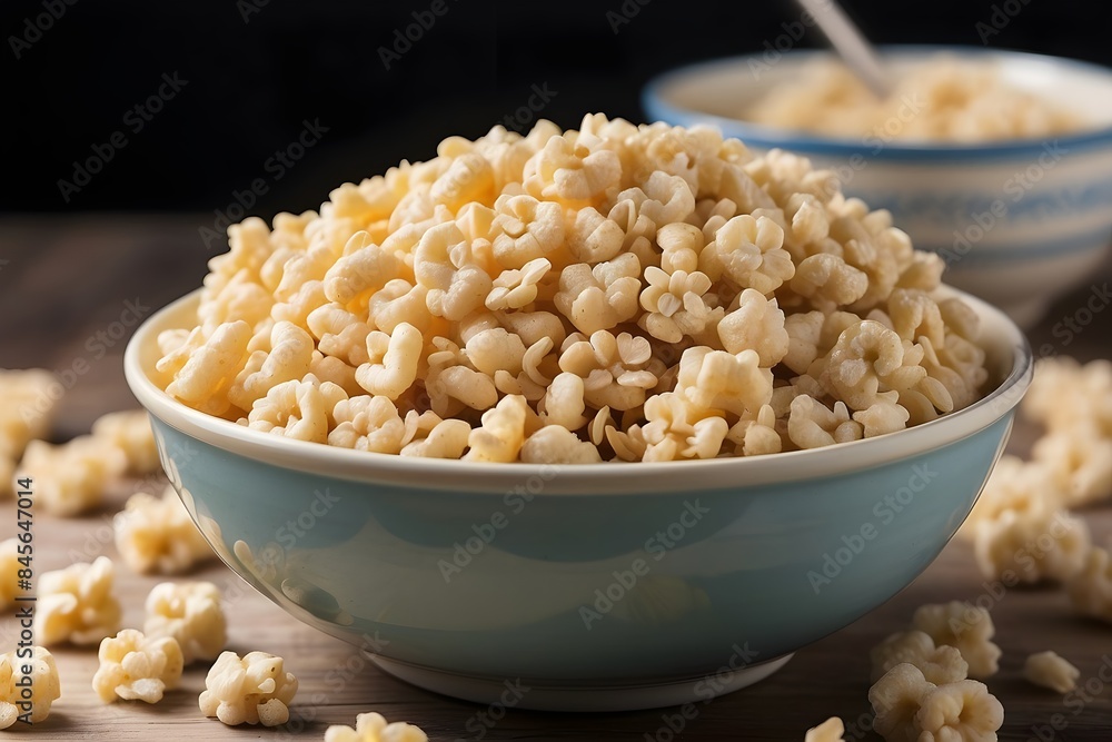 Bowl of Rice Krispies on a Wooden Table Bowl of Rice Krispies on a Wooden Table