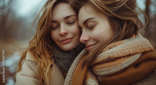 Two Young Women Embracing In A Winter Forest