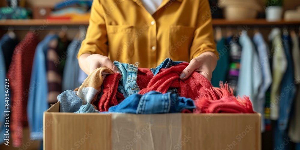 Woman packing folded clothes into a cardboard box, preparing for a move or donation, showcasing organization and care in a casual home setting.