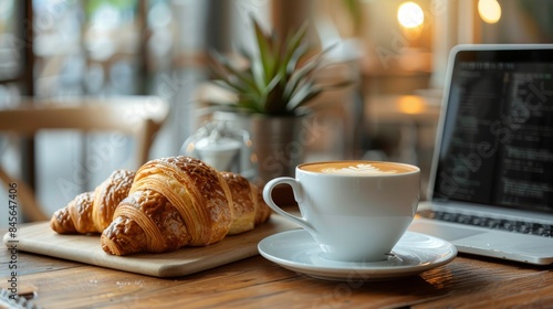 Freshly Baked Croissant and Cappuccino on a Sunny Morning Table