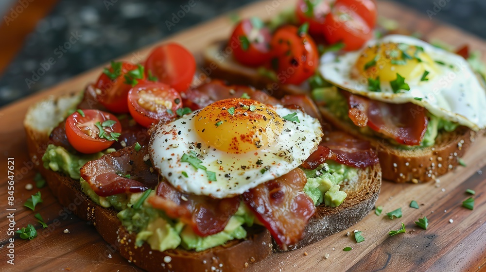 A wooden board with an open face sandwich, avocado toast topped with poached eggs and bacon, cherry tomatoes sprinkled on top of the bread slices. A wooden board with an open face sandwich, avocado toast topped with poached eggs and bacon, cherry tomatoes sprinkled on top of the bread slices.