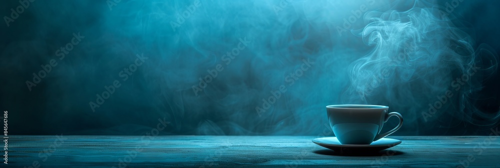 Bright black coffee cup filled with a steaming hot coffee, on a dark background Bright black coffee cup filled with a steaming hot coffee, on a dark background