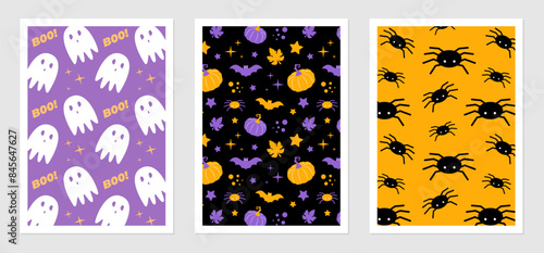 Halloween background set. Vector illustration ghost, pumpkin, bat, spider. Holiday poster for Halloween party.