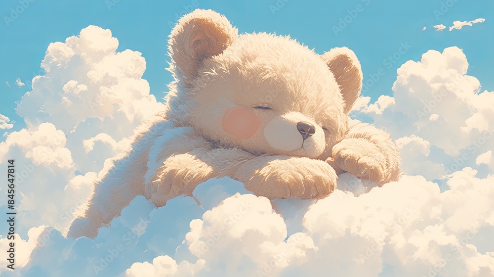 Fluffy white teddy bear sleeping peacefully on soft clouds in a blue ...