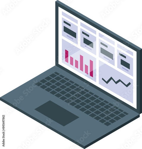 Laptop is displaying various charts and graphs, suggesting sophisticated data analysis and business intelligence tools are being used