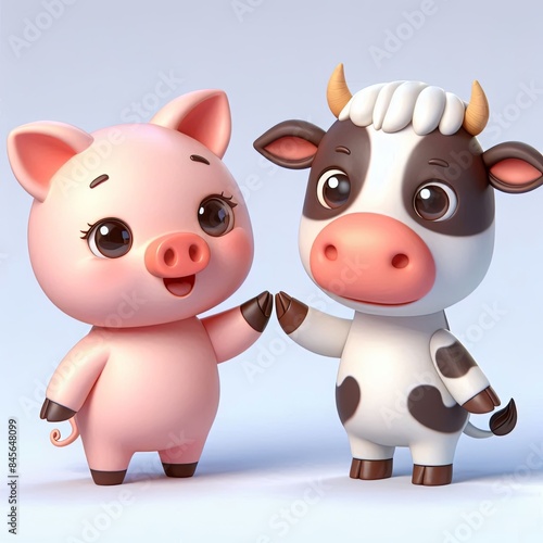 cute pig and cow high five cartoon, 3d Generative AI