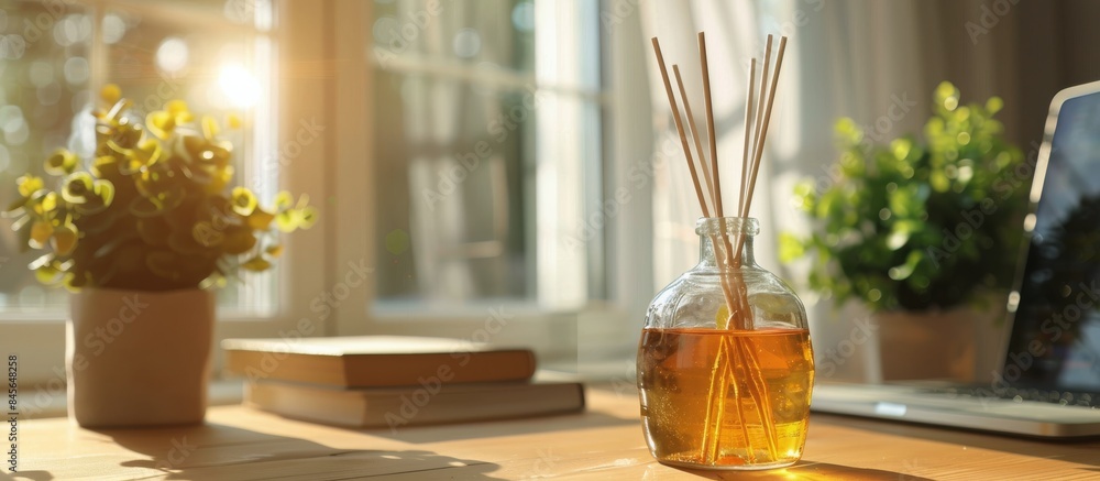 Dried Flower Bouquet and Reed Diffuser on Wooden Table in Sunny Room Dried Flower Bouquet and Reed Diffuser on Wooden Table in Sunny Room