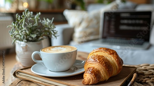 Freshly Baked Croissant and Cappuccino on a Sunny Morning Table
