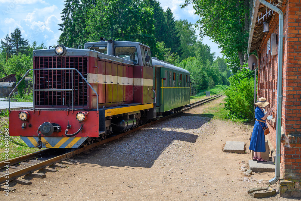 Naklejka premium Narrow gauge train at station, Stameriena, northern Latvia.