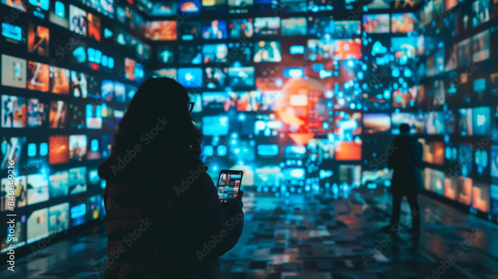 Person using a smartphone in a dark room filled with multiple digital screens displaying various images and videos. The scene is vibrant with blue and red hues, creating a futuristic atmosphere. Person using a smartphone in a dark room filled with multiple digital screens displaying various images and videos. The scene is vibrant with blue and red hues, creating a futuristic atmosphere.