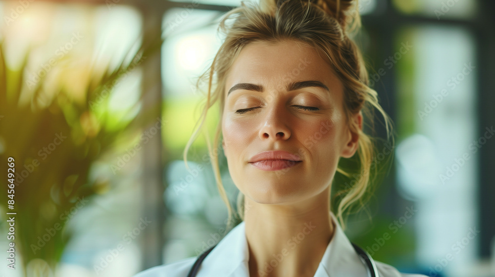 Fototapeta premium A serene woman with closed eyes, enjoying a moment of peace in a bright, natural setting. She has a stethoscope around her neck, indicating she is a healthcare professional.