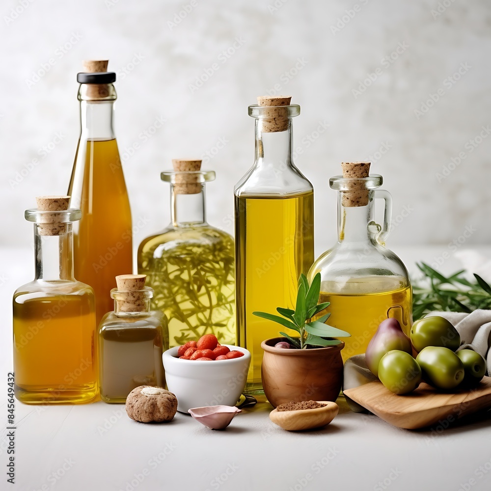 Group of bottles of oil and olives on a background Group of bottles of oil and olives on a background