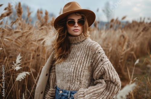 Woman Wearing Brown Hat and Sunglasses in a Field of Tall Grass