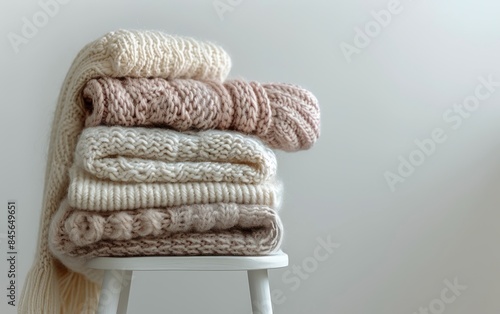 Stack of Soft Pink Knitted Sweaters on White Stool