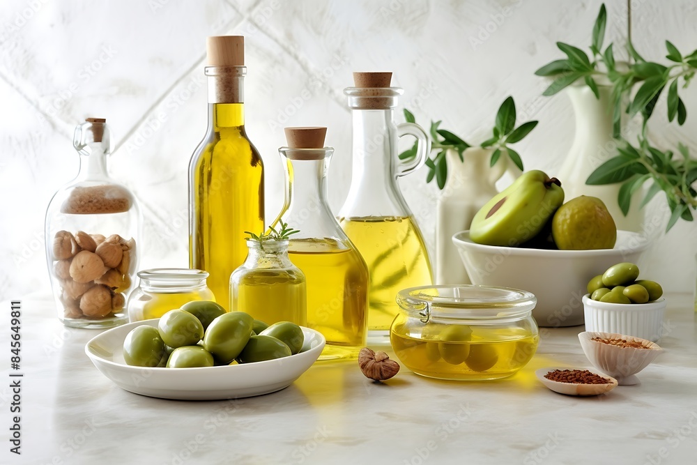 Group of bottles of oil and olives on a background Group of bottles of oil and olives on a background