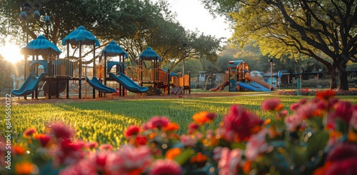 Wooden Playground Structures in a Sunny Park With Colorful Flowers