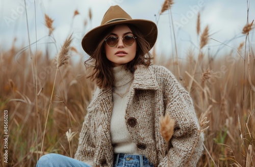 Woman Wearing Brown Hat and Sunglasses in a Field of Tall Grass