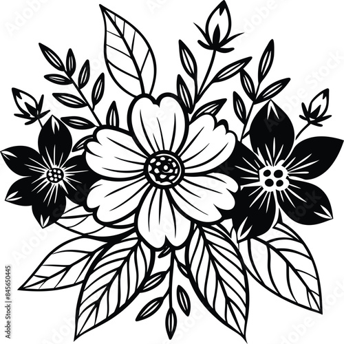 Hand drawn simple Floral flowers line art flat design outline, ornaments set. Doodle outline plant. Drawings element silhouette on white background