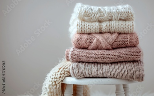 Stack of Soft Pink Knitted Sweaters on White Stool