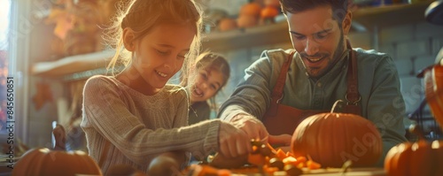 Family carving pumpkins for National Pumpkin Seed Day, October 2nd, seeds roasting in the background, 4K hyperrealistic photo. photo