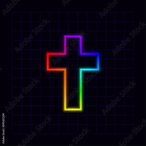 Cross icon, neon rainbow visuals, gradient mesh graphics, glowing colorful aesthetic.