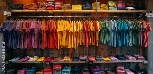 Colorful T-Shirts Displayed On Wooden Shelves In Retail Store