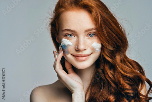 Smiling happy long-haired blue-eyed young woman with red hair and blue clay cleansing mask stroke on her face. Close-up of the face. The concept of face and skin care.