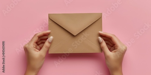 A pair of hands holding a brown envelope against a soft pink background, emphasizing minimalism and modern design, ideal for themes of communication, correspondence, and personal touch.