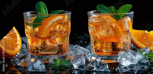 Three Glasses of Orange Juice With Ice and Mint on a Black Surface