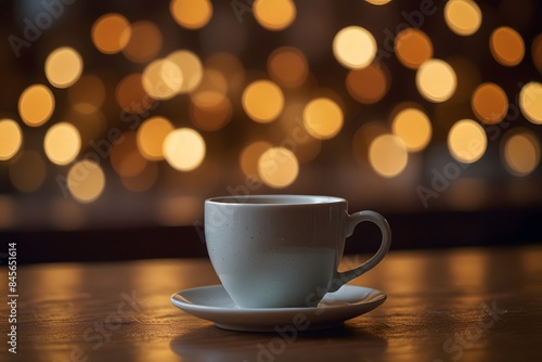 A photo of a coffee cup sitting on a table with a warm, inviting bokeh background