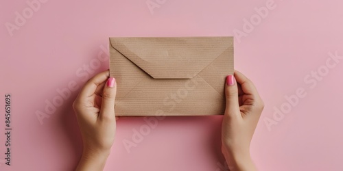 A pair of hands holding a brown envelope against a soft pink background, emphasizing minimalism and modern design, ideal for themes of communication, correspondence, and personal touch.