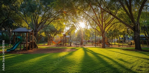 Wooden Playground Equipment in a Park at Sunset
