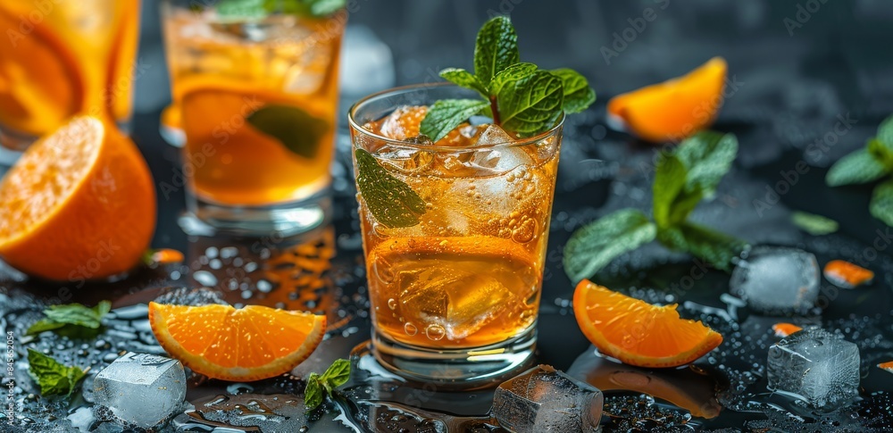Refreshing Orange and Mint Iced Drink on a Black Tabletop Refreshing Orange and Mint Iced Drink on a Black Tabletop