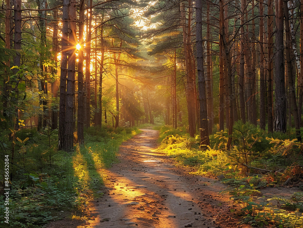 Obraz premium Sunlit Forest Trail at Dawn