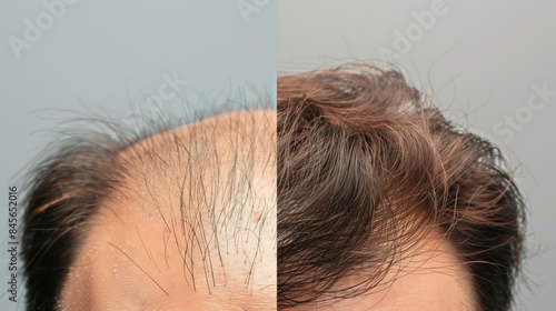 Close-up of a man's scalp showing a before and after comparison of hair restoration. The left side shows thinning hair and baldness, while the right side shows thick, restored hair.