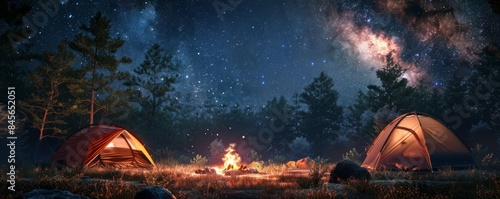 Friends camping under the stars for National Camping Month, tents and campfire, 4K hyperrealistic photo.