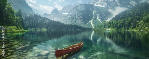 Crystal-clear mountain lake with a canoe gliding across its calm surface, 4K hyperrealistic photo photo