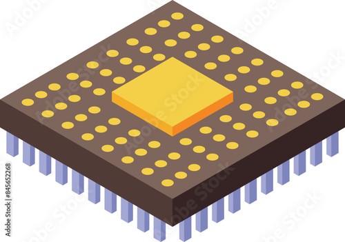 Modern microchip showing isometric view with golden contacts and violet pins is lying on white background