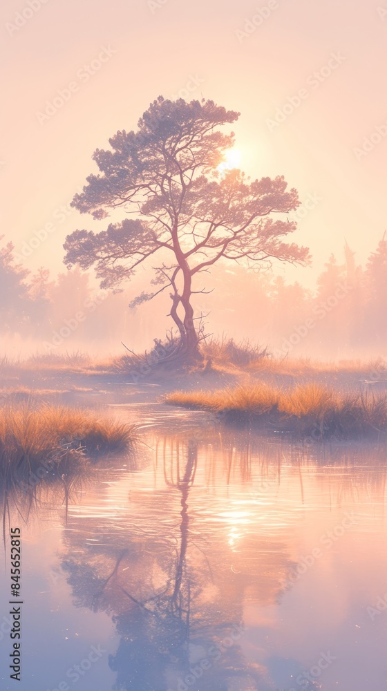 Lone pine tree reflecting in calm water of lake at sunrise with pink and purple sky Lone pine tree reflecting in calm water of lake at sunrise with pink and purple sky