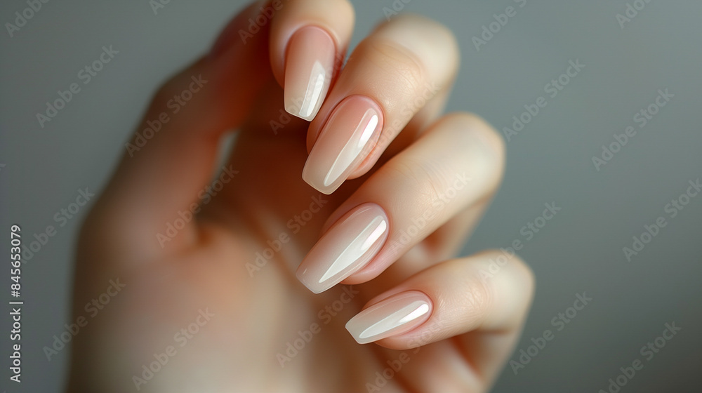 A close-up of a hand with long, well-manicured nails painted in a glossy, nude color. The nails are shaped in a stiletto style, and the skin tone is light. A close-up of a hand with long, well-manicured nails painted in a glossy, nude color. The nails are shaped in a stiletto style, and the skin tone is light.
