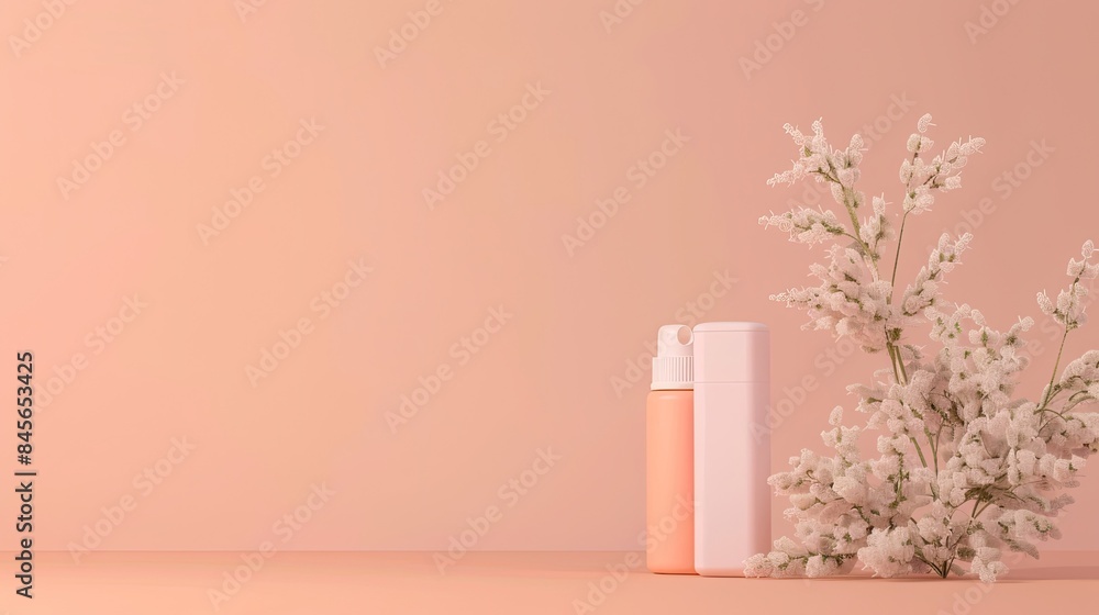 Elegant minimalistic beauty product scene with a perfume bottle, box, and delicate flowers on a peach background. Elegant minimalistic beauty product scene with a perfume bottle, box, and delicate flowers on a peach background.