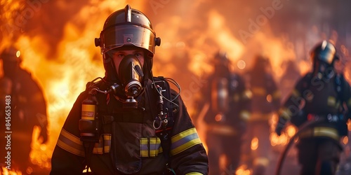 Firefighters using advanced technology to rescue people from burning flames. Concept Firefighter Technology, Rescue Operations, Burning Flames, Life Saving Equipment, Emergency Response © Ян Заболотний