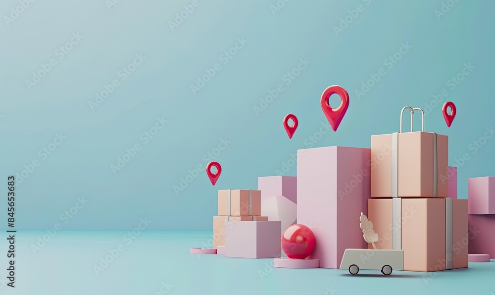 Modern 3D illustration of a delivery system with shopping bags, packages, and location markers representing efficient logistics and e-commerce solutions. Modern 3D illustration of a delivery system with shopping bags, packages, and location markers representing efficient logistics and e-commerce solutions.